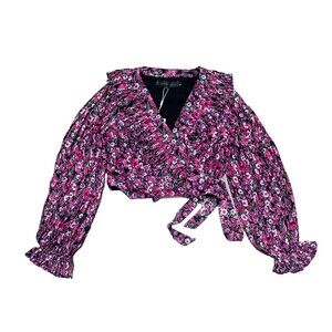 Endless Rose Wrap Top Medium Pink Floral Pleated Cropped Puff Sleeve Ruffle NEW